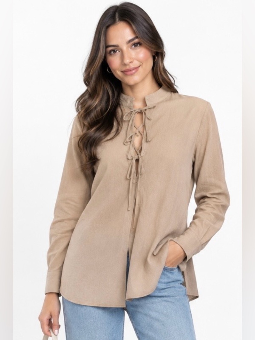 Zeroyaa women’s casual Tie-Front Long Sleeve Tunic Top in Tan size L 100%cotton